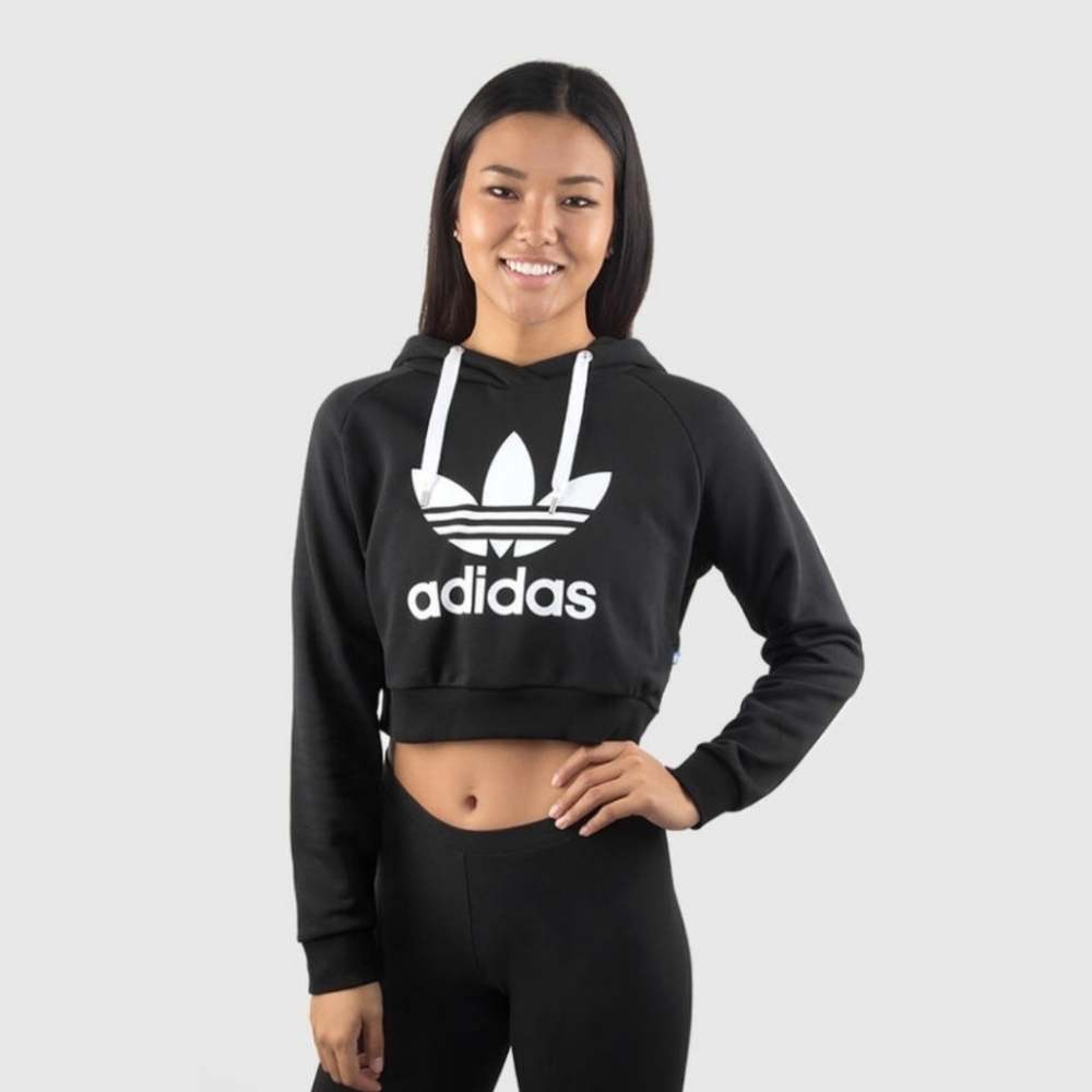 Adidas hooded hoodie crop black sweatshirt sz S